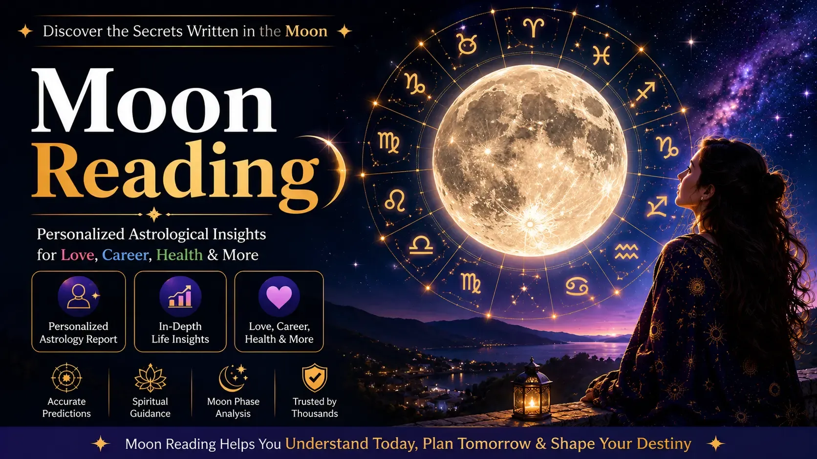 Moon Reading personalized astrology report with moon sign zodiac wheel and love career health insights